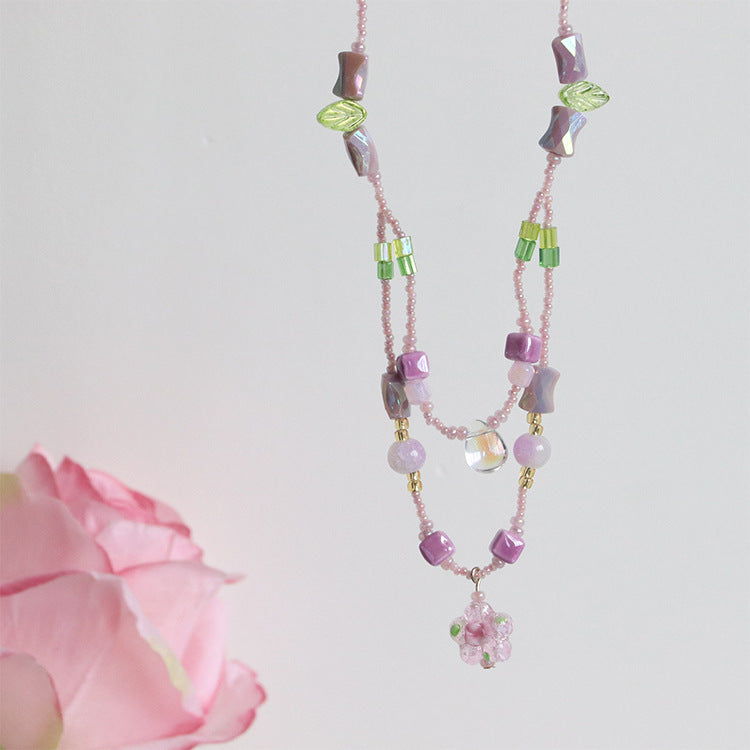 Purple Floral Natural Stone Crystal Beads Handmade Necklace