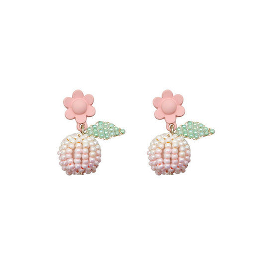 Seed Beads Earrings Handcrafted Pink Flower Silver Needle