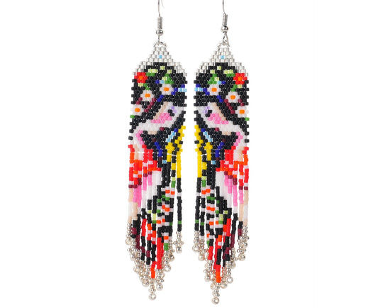 Colorful Portrait Vintage Boho Earrings  Dangling Earrings Seed Bead Handmade Tassel Earrings