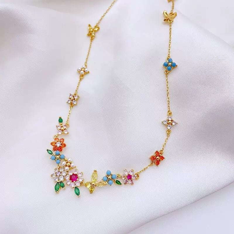 Zircon Flower Necklace 18K Gold Plated