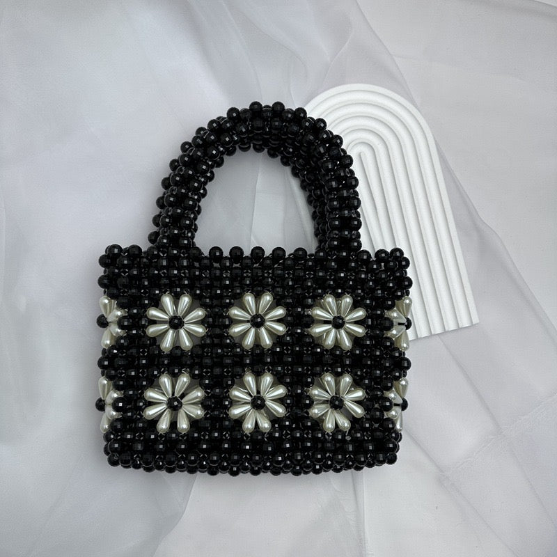 Bolso de mano con cuentas hecho a mano y flores, color negro 