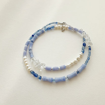 Natural Stone Pearl Beaded Necklace Blue