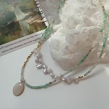 Handcrafted 18k Gold Necklace with Green Natural Stone and Pearls