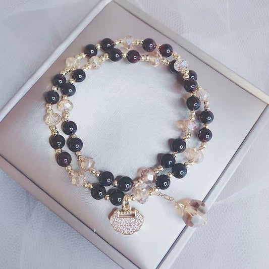 Natural Crystal Beaded Bracelet with Charm Bracelets Dainty Friendship Bracelet Black