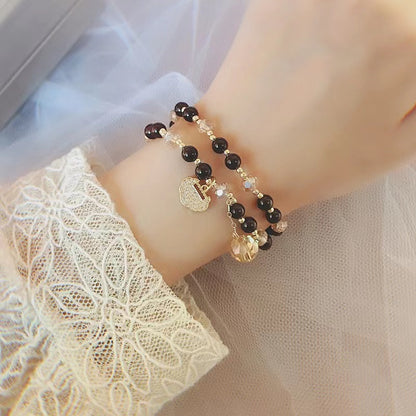 Armband aus Naturkristallperlen mit Charm-Armbändern, zierliches Freundschaftsarmband, Schwarz